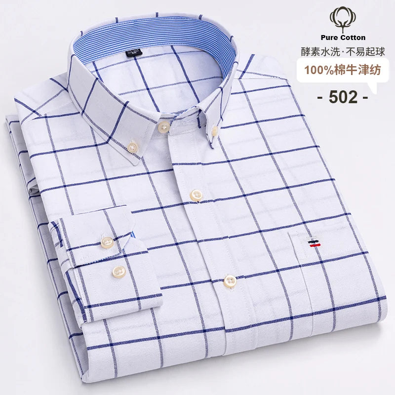 100-Cotton-Oxford-Men-s-Shirts-Long-Sleeves-Plaid-Soft-Regular-Fit-Formal-Dress-Shirt-Pocket