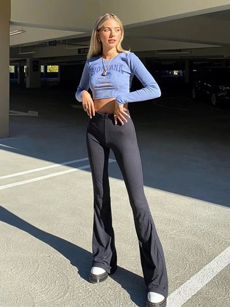 Solid Black Woman Pants Slim Fitting High Waisted Streetwear Casual Flare Pants Women Clothes Full Length Capris Trousers Women 7