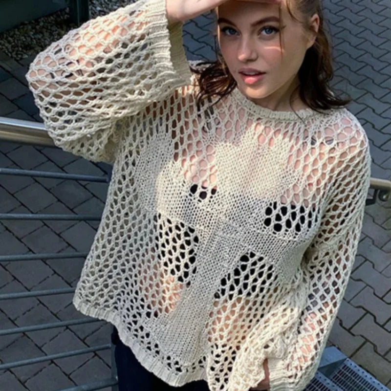 Round neck cross hollow long-sleeved blouse loose summer see-through retro sexy top beach knitwear 2