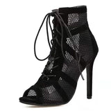 Fashion Show Black Net Peep Toe Heels Sandals for Women - Sexy Lace-Up Pumps 2