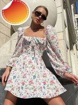 Floral Lantern Sleeve Tie up Mini Dress