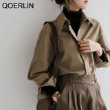 QOERLIN Coffee Blouse Women Spring Autumn Casual Solid Color Long Sleeve Shirt Women Korean Loose Shirt OL Style Workwear S-XL 1