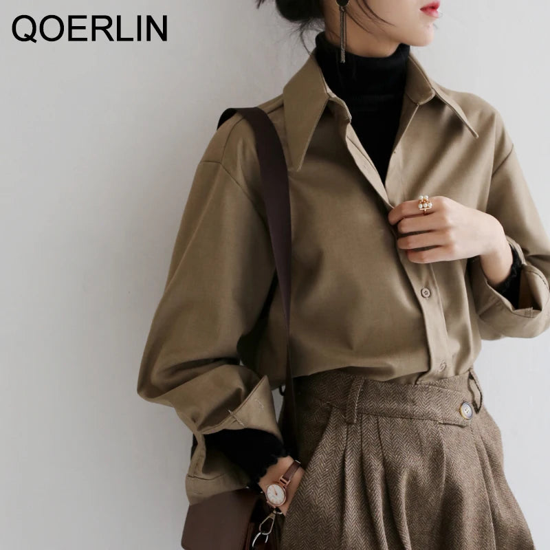 QOERLIN Coffee Blouse Women Spring Autumn Casual Solid Color Long Sleeve Shirt Women Korean Loose Shirt OL Style Workwear S-XL 1