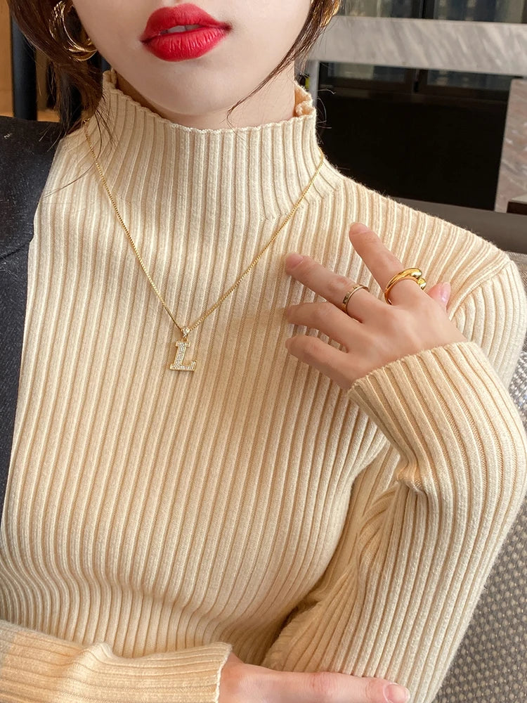 Elegant Solid Basic Knitted Tops Women Turtlneck Sweater Long Sleeve Casual Slim Pullover Korean Fashion Simple Chic Clothes 3
