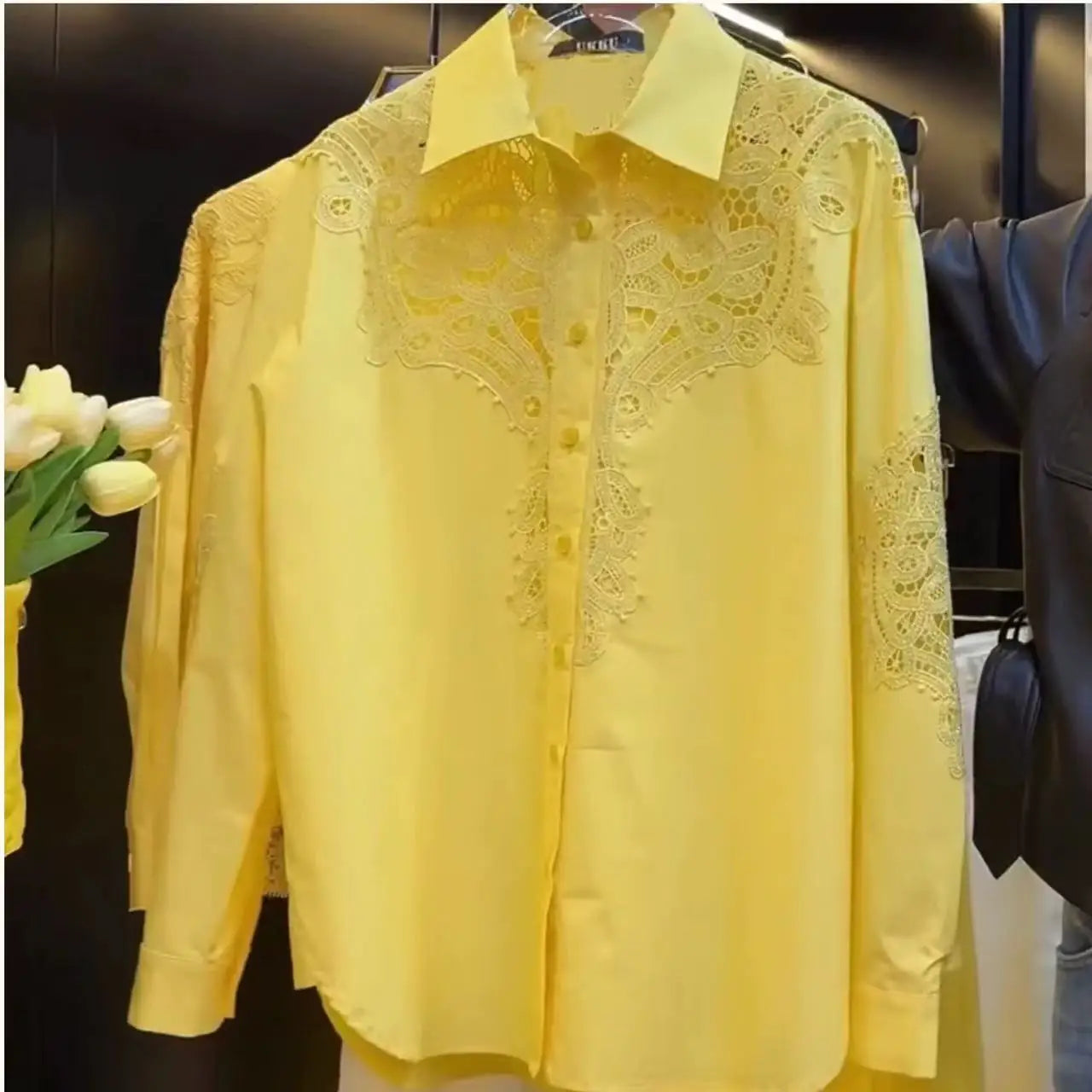 Luxury Brand Sparkle Sequins Hollow Out Lace Embroidery Cotton Blouses Shirts for Women 2025 Trend Long Sleeve Loose Casual Top 2