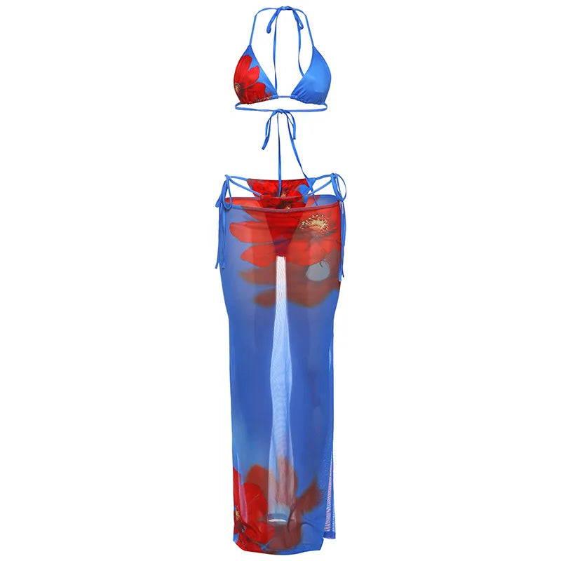 Women Bikinis Sets with Flower Print Mesh Maxi Skirt 3 Piece Set Vacation Outfits 2025 Swimming Suit Beachwear Summer 2