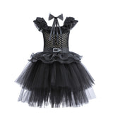 Black Mesh Fluffy Dress for Kids Girls Gothic Style Wednesdy Costume Halloween Dress Up Party Children Outfits Disguise Printing 6