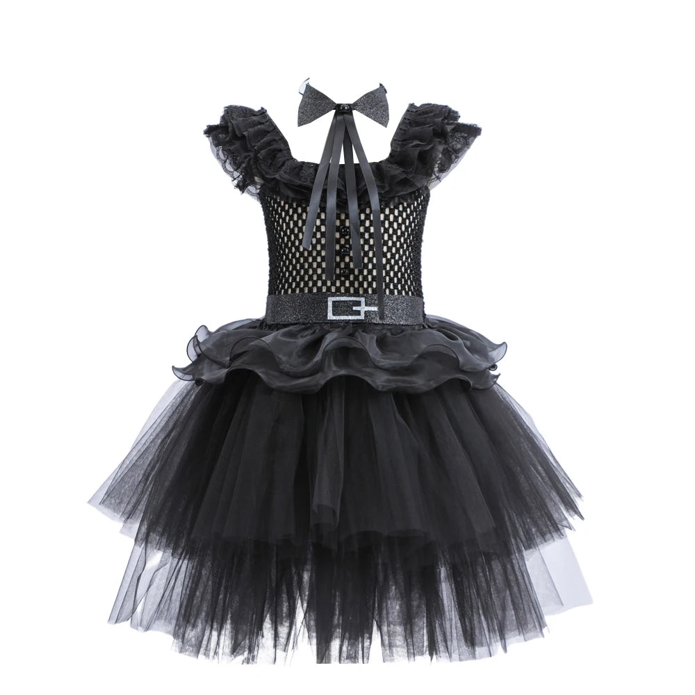 Black Mesh Fluffy Dress for Kids Girls Gothic Style Wednesdy Costume Halloween Dress Up Party Children Outfits Disguise Printing 6