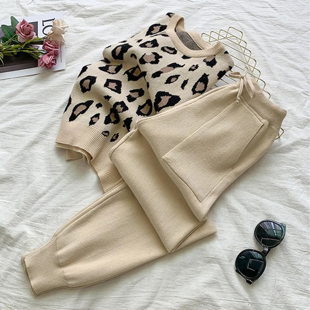 SMTHMA Women's Long Sleeve Knit Leopard Pullover Sweaters+Elastic Waist Pants Sets Fashion Trousers Two Pieces Costumes Outfit 1