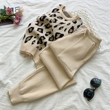 SMTHMA Women's Long Sleeve Knit Leopard Pullover Sweaters+Elastic Waist Pants Sets Fashion Trousers Two Pieces Costumes Outfit 1