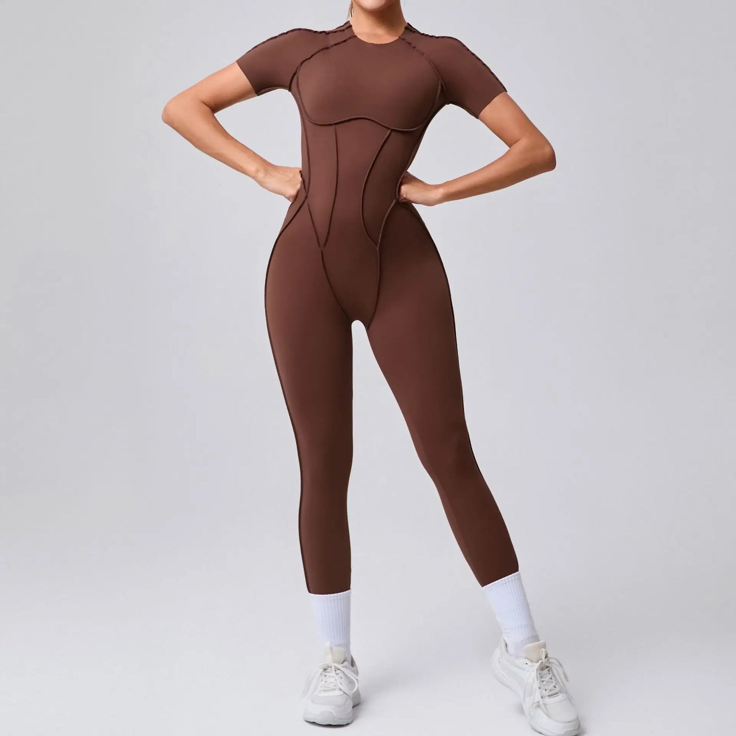 Elegant Ribbed Long-Sleeve Yoga Onesie | Open-Back Athletic Jumpsuit