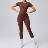 Elegant Ribbed Long-Sleeve Yoga Onesie | Open-Back Athletic Jumpsuit