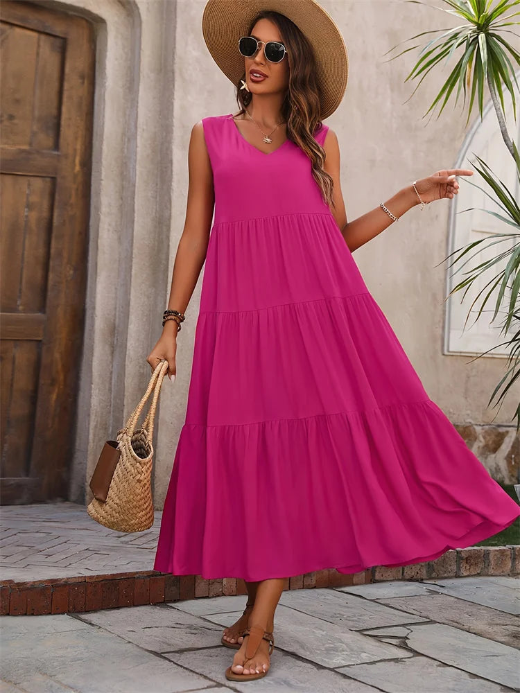 2024 Women Dress Summer Casual Brand Vacation Holiday Beach Long Dresses V-neck Loose Elegant Yellow Black RUFFLES Dress Femme 3