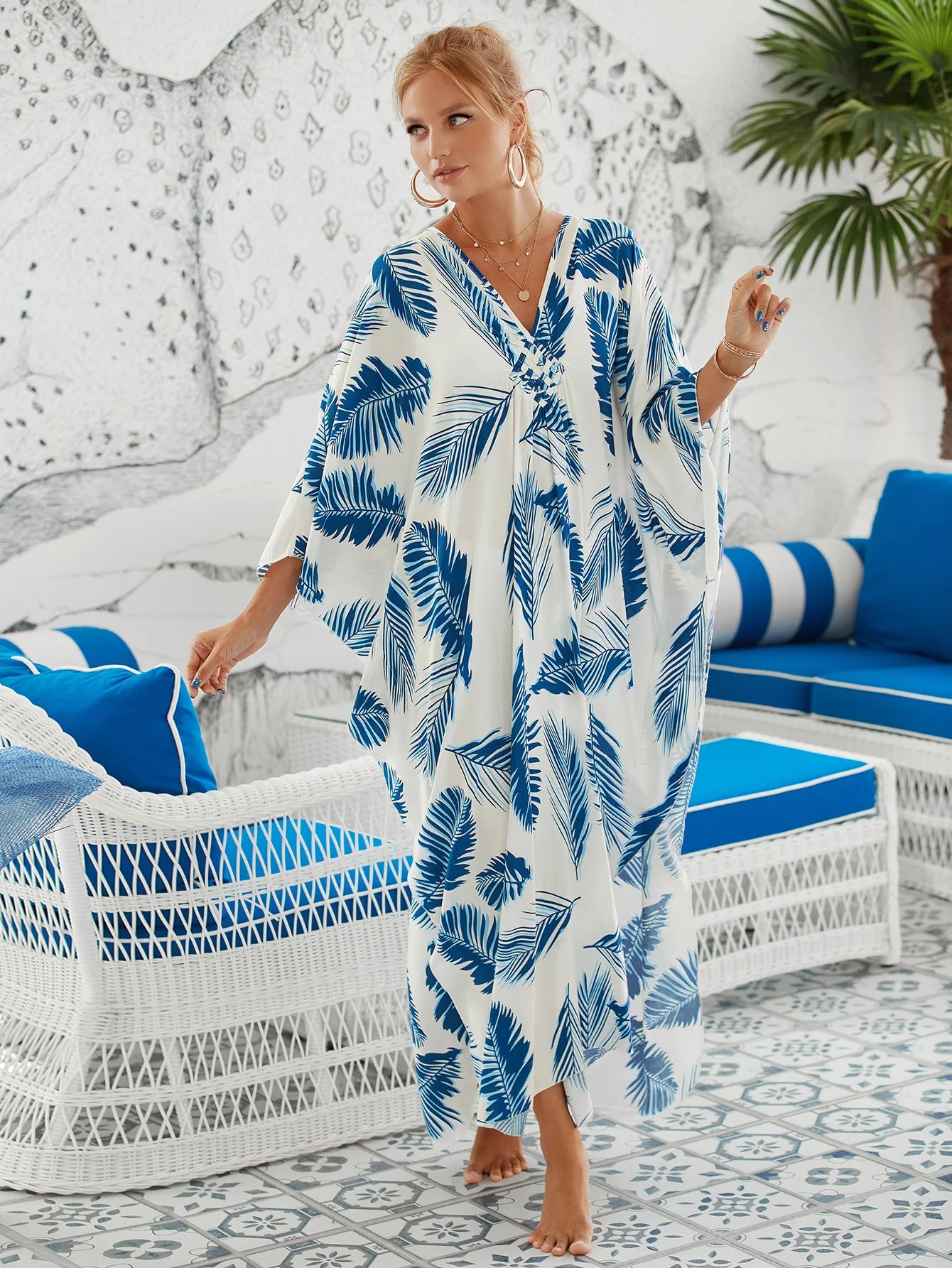 Loose Floral Pleated Kaftan Dresses for Women Wave Neck Swimsuit Cover Up Caftan