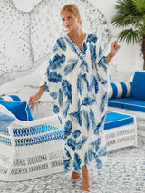 Loose Floral Pleated Kaftan Dresses for Women Wave Neck Swimsuit Cover Up Caftan