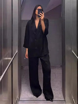 2024 Autumn Women Casual Blazer Coat Pants Set Long Sleeve Double Breasted Blazer + Wide Leg Trousers Lady Office Outfit 2