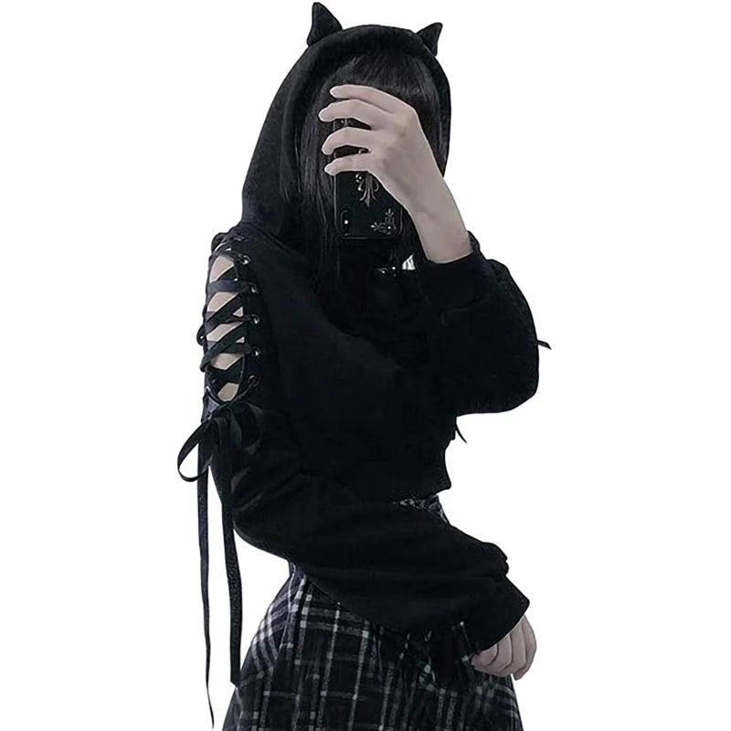 Y2k Gothic Womens Hoodie Cat Ear Crop Top Hooded Sweatshirt Hollow Out Lace Up Long Sleeve Hodded Casual Pullover Autumn 6