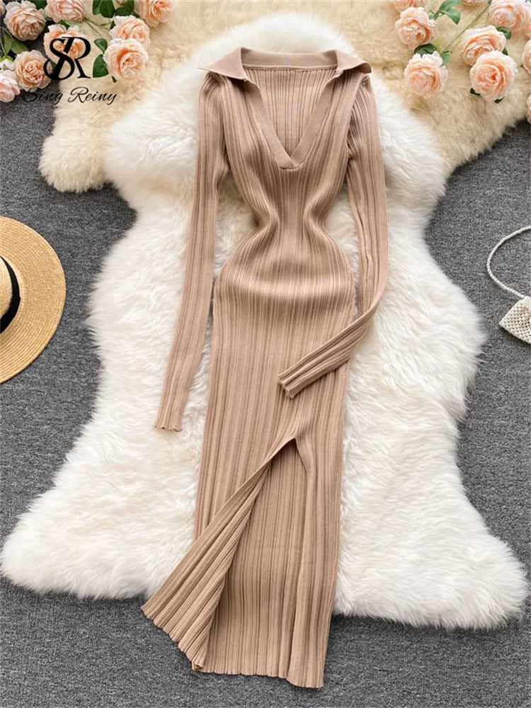 SINGREINY Women Korean Knitted Dress Long Sleeve V Neck Elastic Slim Pencil Dresses 2021 Autumn Sexy Bodycon Split Sweater Dress 16