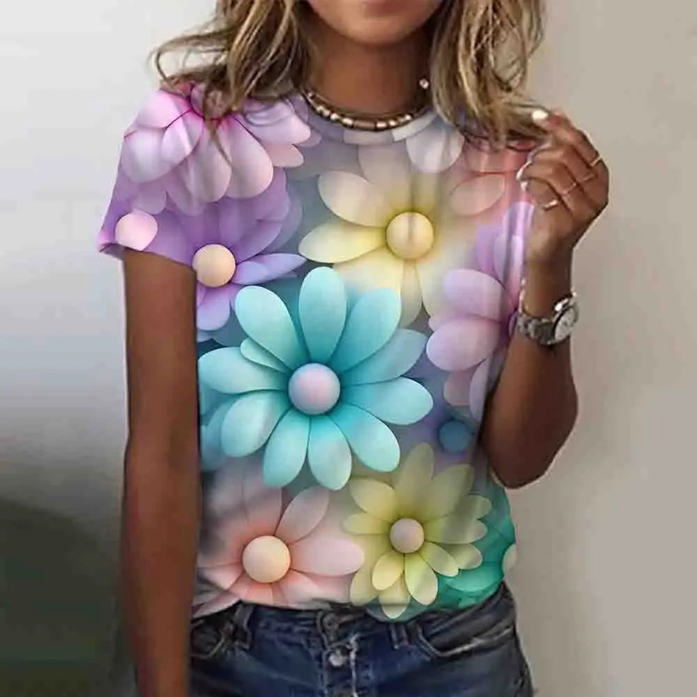 3D Floral Print Summer Tee
