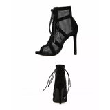 Fashion Show Black Net Peep Toe Heels Sandals for Women - Sexy Lace-Up Pumps 6