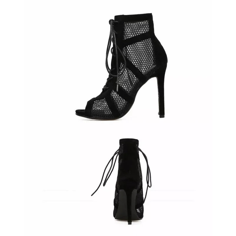 Fashion Show Black Net Peep Toe Heels Sandals for Women - Sexy Lace-Up Pumps 6
