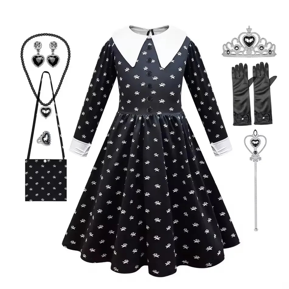 Gothic Black Dress Halloween Costume for Girls 2025 Party Ball Gown Children Cosplay Adams Family Vestido 5