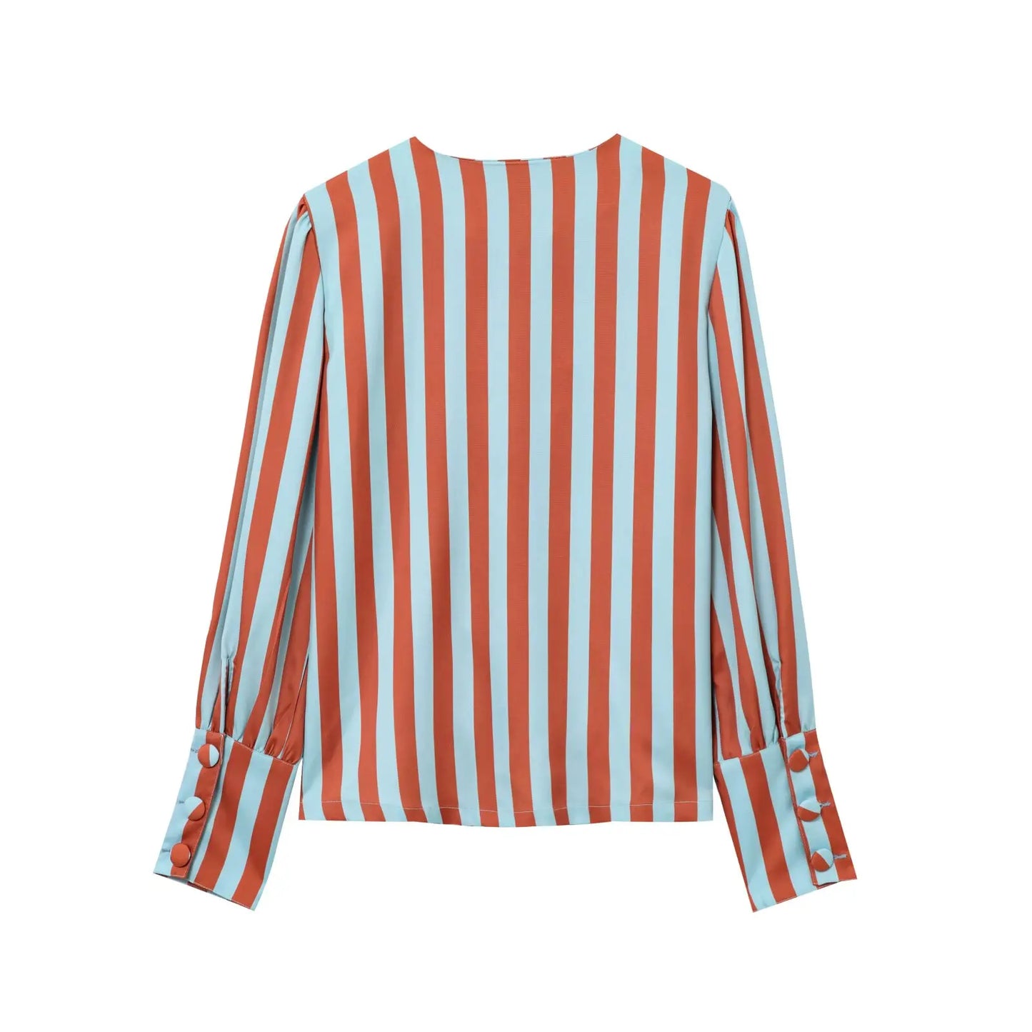 2025 Spring Summer Women's Striped Blouse O-Neck Long Sleeve Bubble Sleeve With Buttons Shirt Fashionable Chic Tops 4