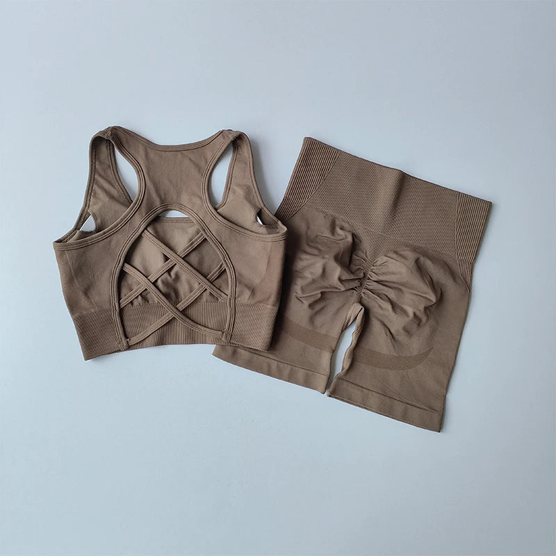 High Waist and Hip Lifting Fitness Set for Women with Beautiful Back Sport Bra Yoga Dress Tight Training and Sports Shorts Suit 2