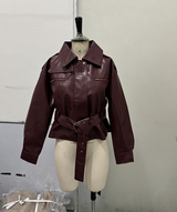 Vintage Fashion Elegant High Neck Leather Jacket 2025 New Exquisite Cinched Waist Short Coat High Street Faux Leather Clothes