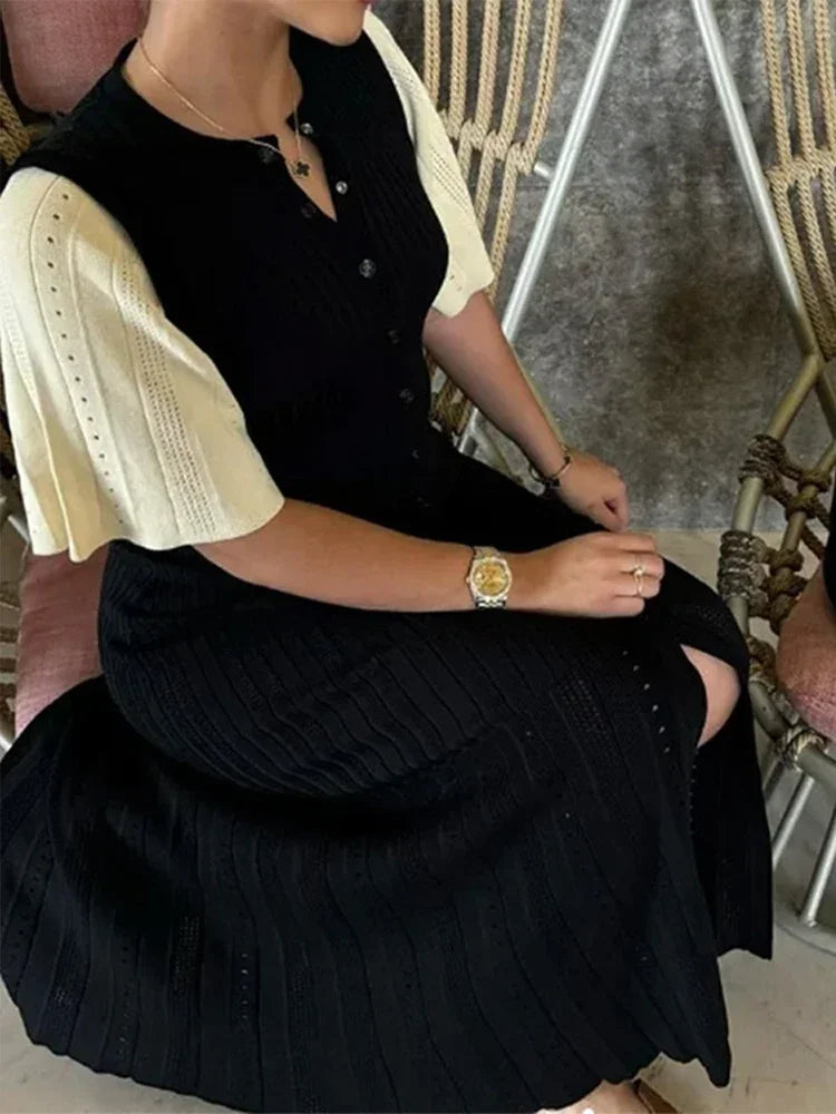 Elegant Knit Dress For Women White Slim O-neck Single Breasted Short Sleeve Long Dresses Female 2025 Spring Fashion Lady Robe 3