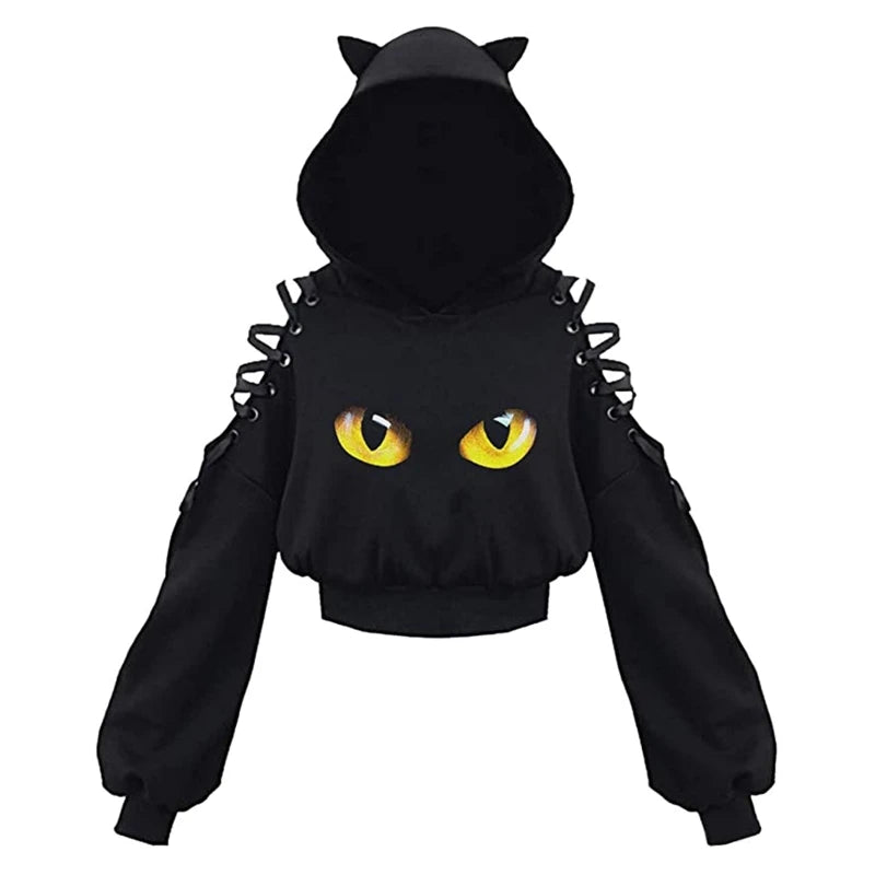 Y2k Gothic Womens Hoodie Cat Ear Crop Top Hooded Sweatshirt Hollow Out Lace Up Long Sleeve Hodded Casual Pullover Autumn 4