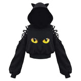 Y2k Gothic Womens Hoodie Cat Ear Crop Top Hooded Sweatshirt Hollow Out Lace Up Long Sleeve Hodded Casual Pullover Autumn 4