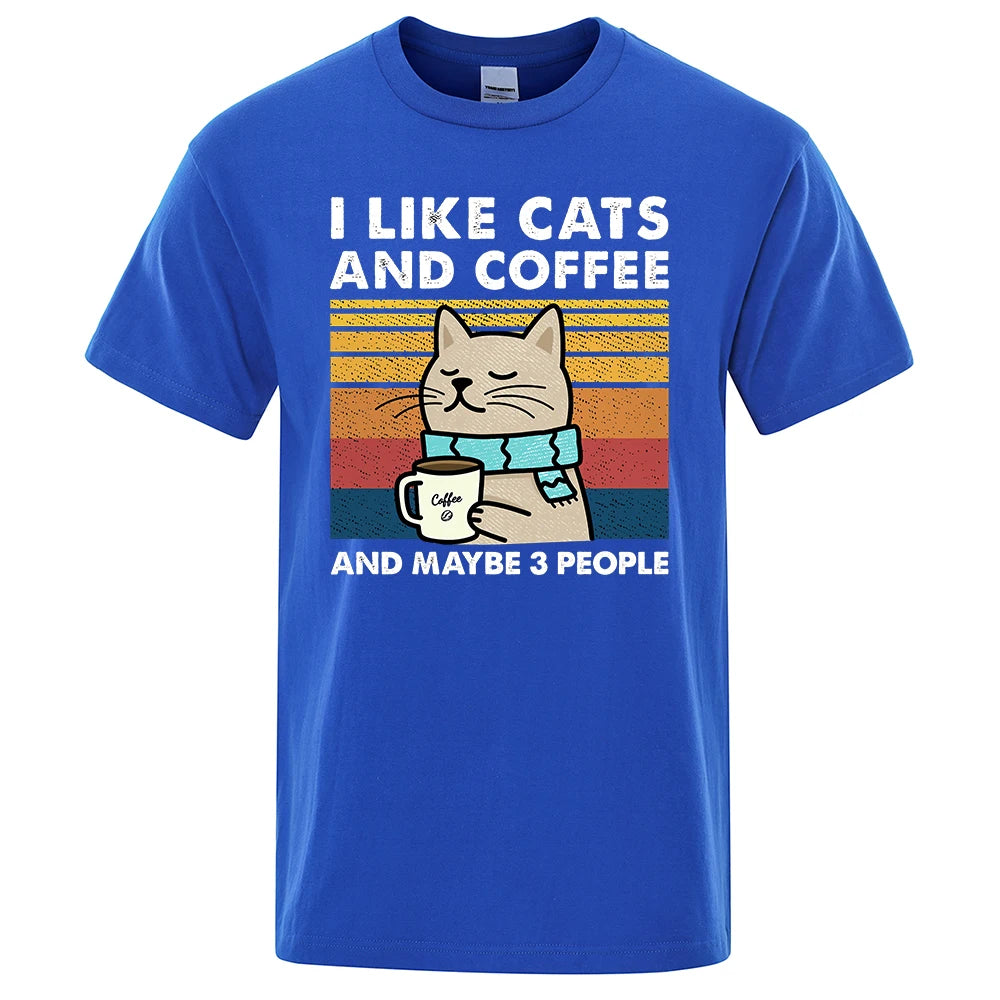 "I Like Cats and Coffee" Funny T-Shirt for Men | Casual Loose Fit Cotton Crewneck | Hip Hop Style 2