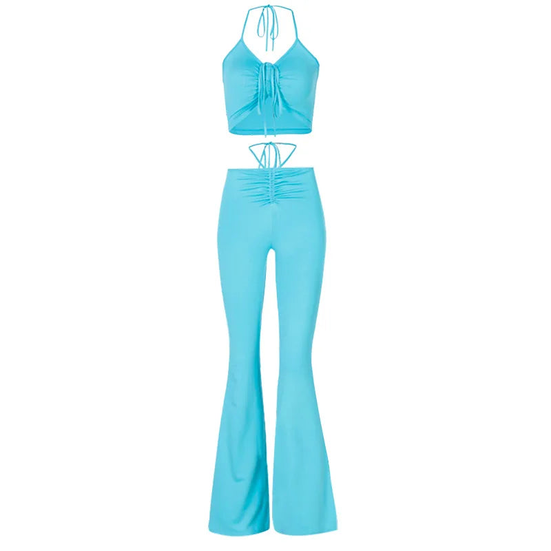 ALLNeon Y2K Streetwear Sexy Bandage Blue Co-ord Suits 2000s Fashion Drawstring Halter Top and High Waist Flare Pants 2 Piece Set 4