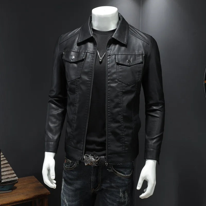 Men's lapel leather jacket autumn oversized slim motorcycle riding suit winter thickened PU leather waterproof work clothes 2