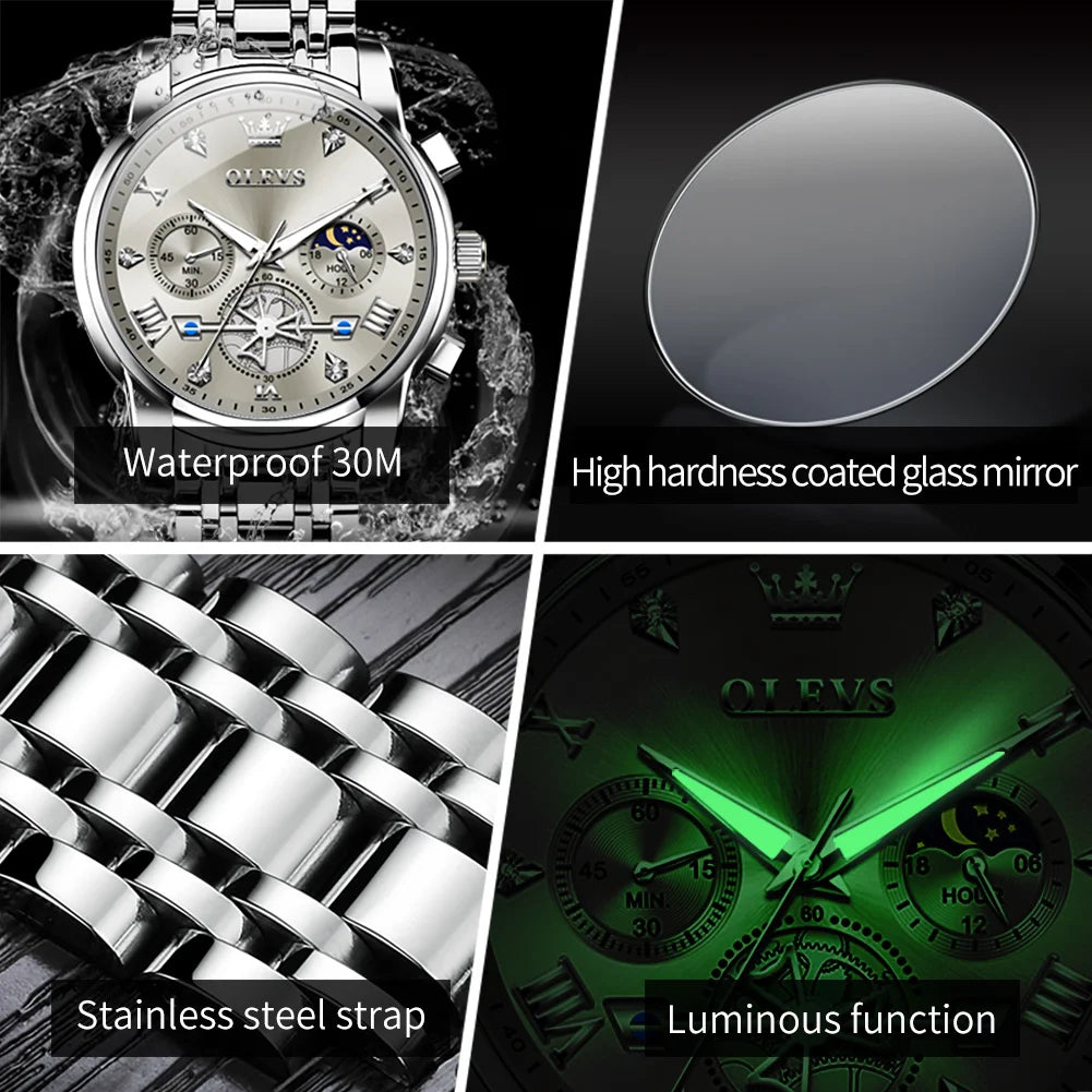 Men's Watches Classic Multifunctional Fltwheel Chronograph Original Quartz Wristwatch Moon Phase 24 Hour Waterproof 4