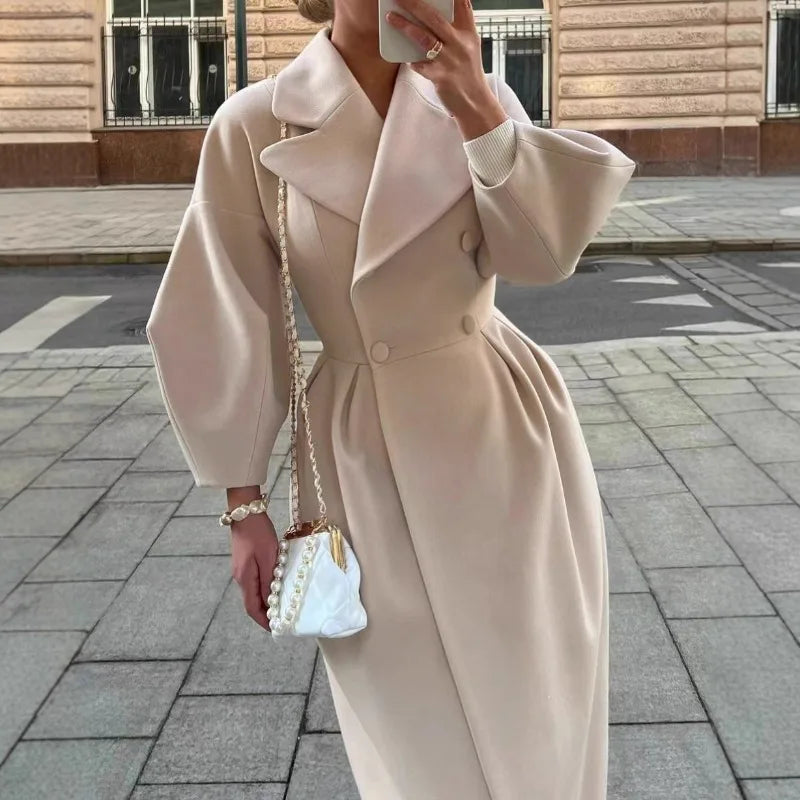 Autumn Lantern Sleeves Retro Palace Coat with Lapel and Double Row Buttons Women's Long Jacket Windproof Thick Street Coat 3
