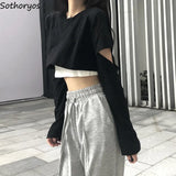 Long Sleeve T-shirts Women Patchwork Loose Crop Tops Hot Girls Casual Simple All-match Spring Ladies Chic Tees Camis Sets 2pecs 1