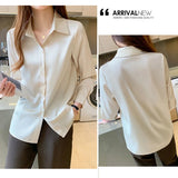 Women's Shirts V-neck Solid Laides Tops Womens 2025 Spring Korean Fashion Long Sleeve Blouses Button Up White OL Vintage Tops 6
