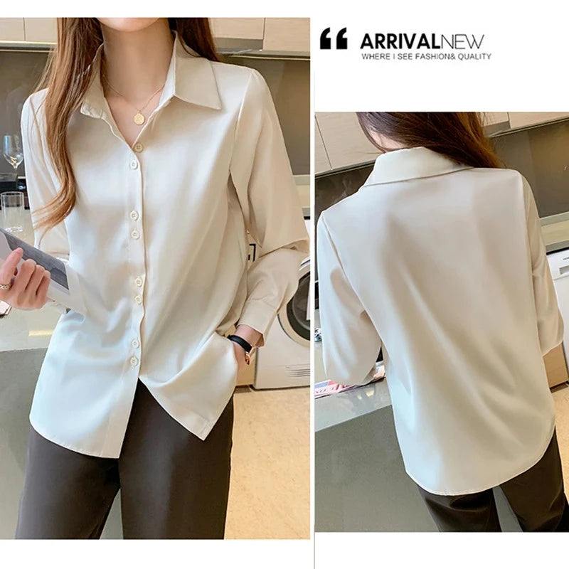 Women's Shirts V-neck Solid Laides Tops Womens 2025 Spring Korean Fashion Long Sleeve Blouses Button Up White OL Vintage Tops 6
