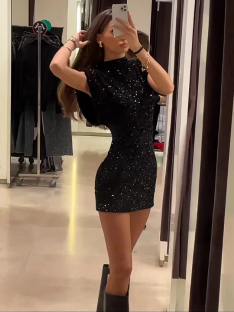 2025 New Fashion Sequin Mini Dress for Women Elegant O-Neck Fly Sleeve Shiny Short Dress 4