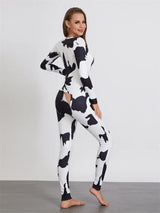 Women Buttoned Flap Jumpsuits Sleepwear Cow Printed Long Sleeve V Neck Bodycon Romper Spring Fall Loungewear 3
