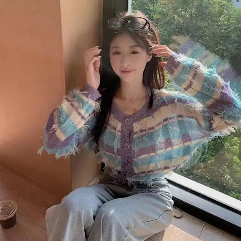 Patchwork Striped Cardigan Women Tassel Long Sleeve Knitted Sweet Sweater Fashion Purple Button Autumn Cropped Tops 3