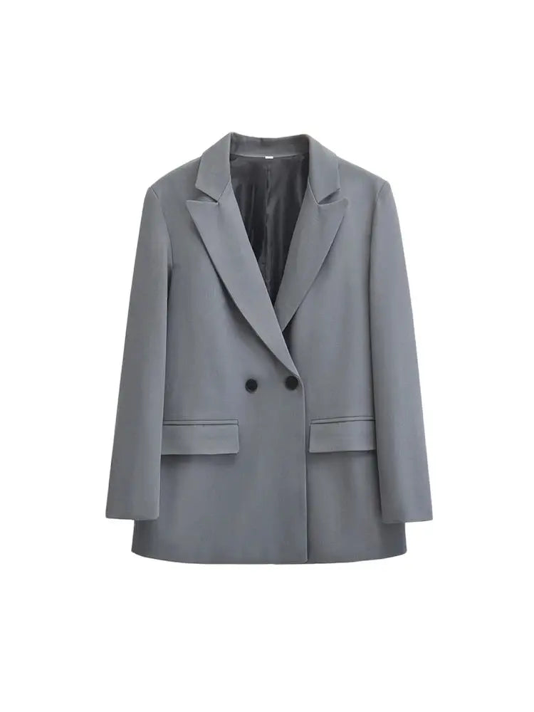 Women's Double Breasted Office Wear Blazer Coat, Long Sleeve, Flap Pockets, Female Outerwear, Chic Tops, Fashion 2