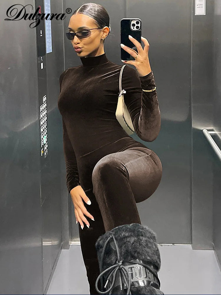 Dulzura Autumn Velvet Sexy Y2K Clothes Long Sleeve O-Neck Bodycon Skinny Zipper Jumpsuit Women Sporty Streetwear Romper Outfits 5