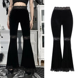 Women Gothic Punk Black Velvet Flare Pants Harajuku Sexy Hollow Out Lace Patchwork High Waist Skinny Vintage Gypsy Bell Bottom 4