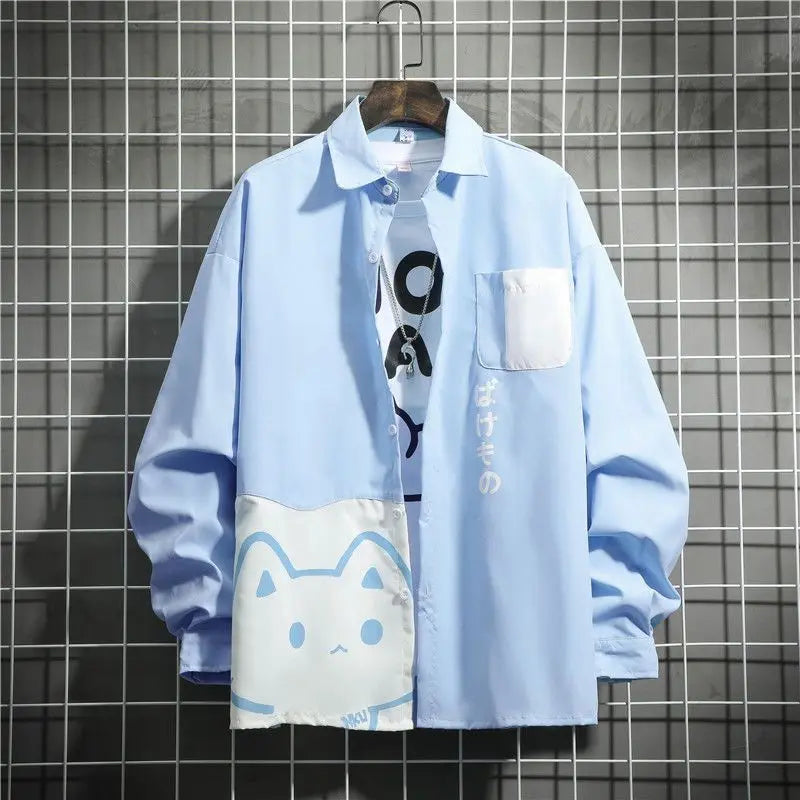 2025 Long Sleeved Shirt Woman Loose Cute Cat Print Japanese Style Harajuku Couple's Top Patchwork Single Breasted Blouses Women