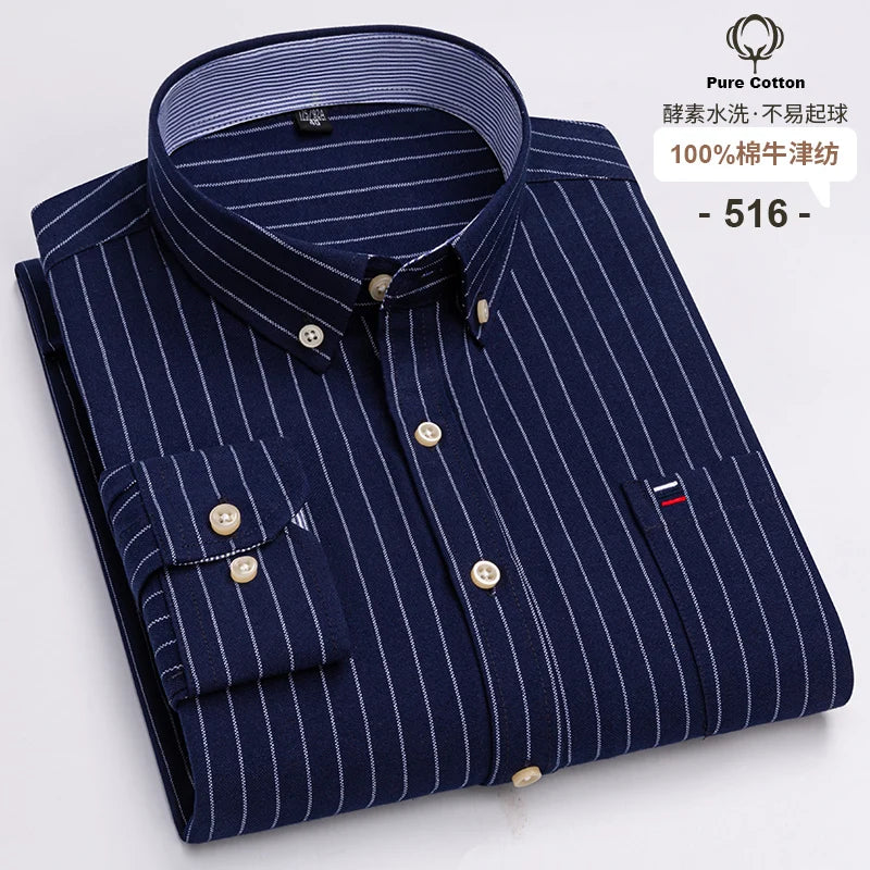 100-Cotton-Oxford-Men-s-Shirts-Long-Sleeves-Plaid-Soft-Regular-Fit-Formal-Dress-Shirt-Pocket
