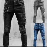 New Jeans Men's Fashion Belt Buckle Hole Streetwear Jeans | Moto Biker Skinny Denim Pants 4