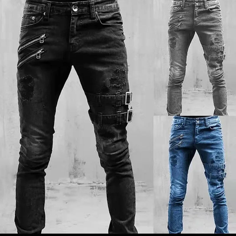 New Jeans Men's Fashion Belt Buckle Hole Streetwear Jeans | Moto Biker Skinny Denim Pants 4